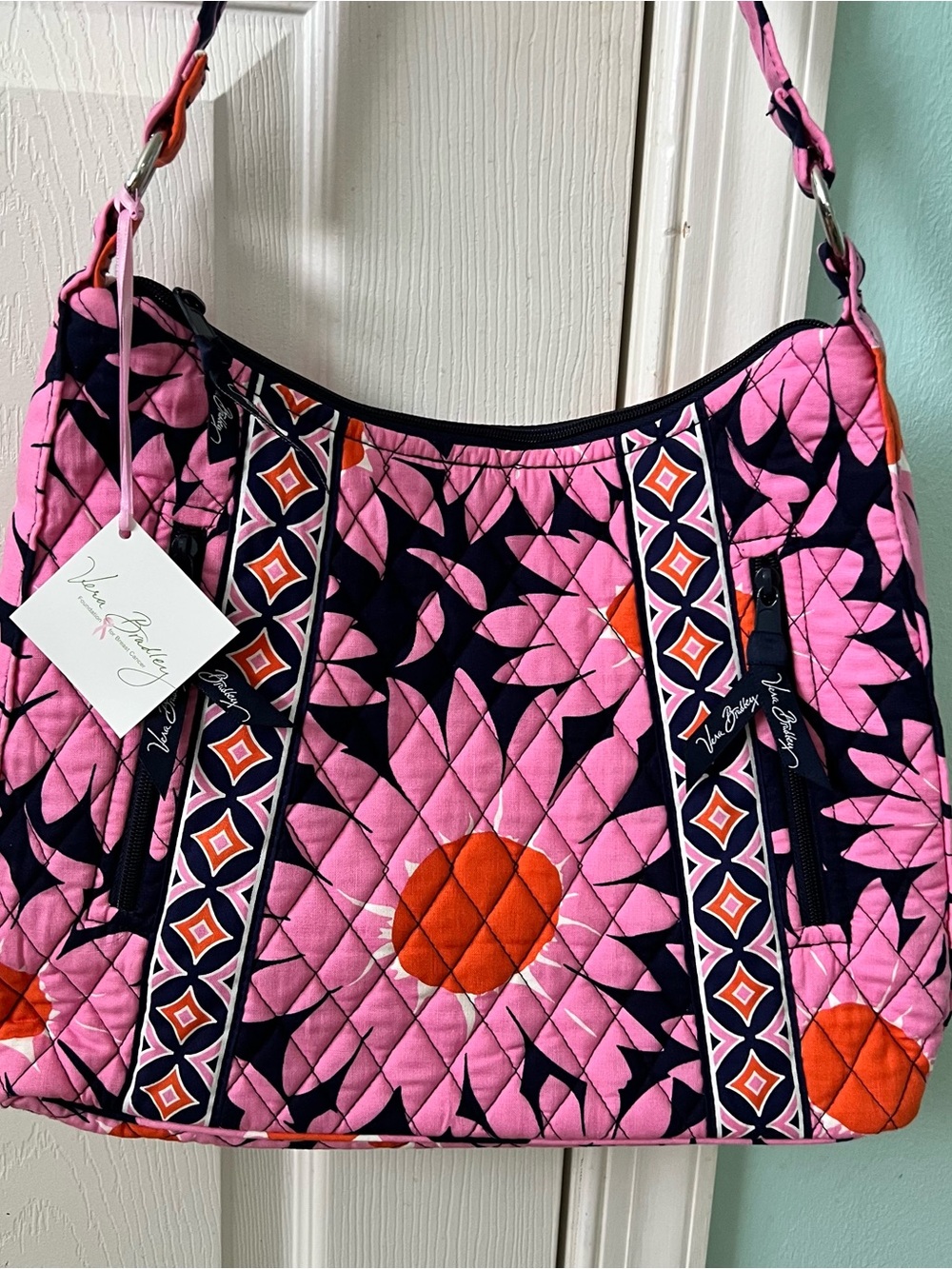 Vera Bradley Pink Quilted Shoulder Bag with Navy and Orange Accents NWT